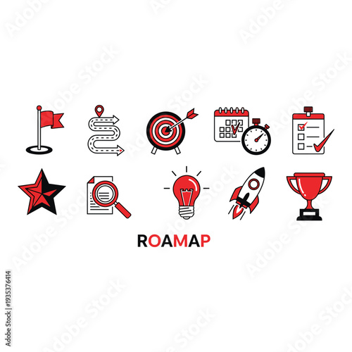 Collection of icons representing various stages of a project roadmap and milestones Vector, illustration