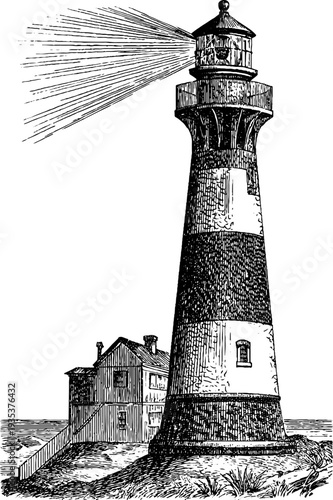 Detailed 19th century lighthouse with botanical elements in vintage engraving style for retro design