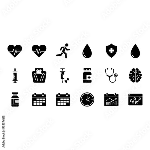 Assorted black and white icons representing health, wellness, and daily activities Vector, illustration