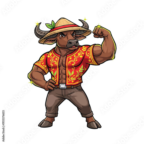 Strong buffalo character in Hawaiian shirt and straw hat