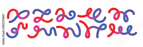 Collection of Modern Colorful Abstract Swirl Lines and Curvy Wave Elements - Vibrant Red Blue and Pink Gradient Scribble Set for Creative Logo Design and Playful Brand Decor