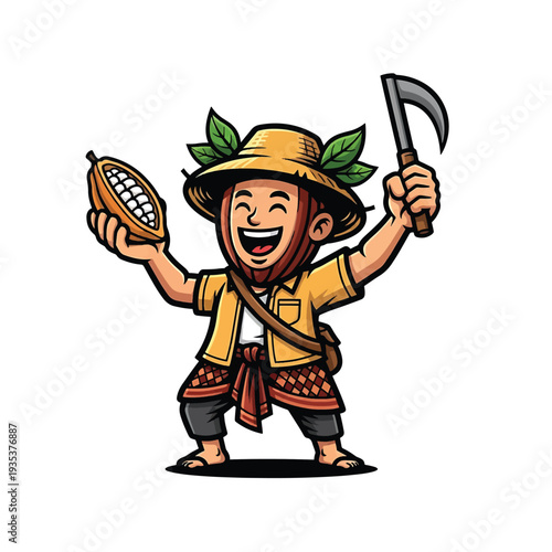Happy harvest farmer character with cacao and sickle in tropical outfit