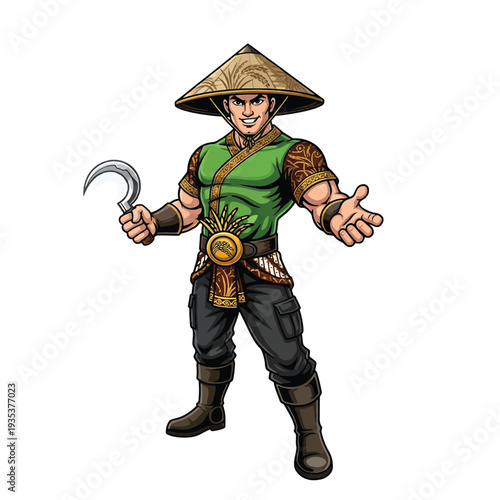 Conquistador Hero in green tunic with hat and sickle weapon