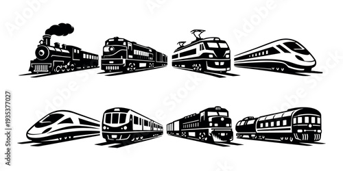 Collection of train icons in various styles, illustrating the evolution of rail transport from classic locomotives to modern passenger wagons