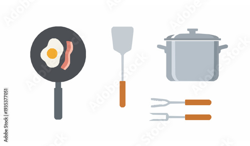 Frying pan and kitchen utensils icon set vector isolated on white background