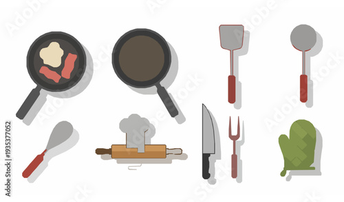 Cooking and frying pan icons vector set for kitchen utensils on white background