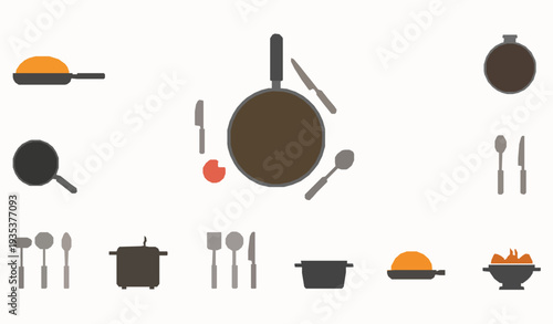 Minimalist frying pan and cooking utensils vector icon set isolated on white