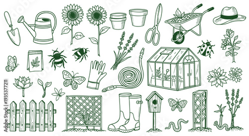 Charming Hand Drawn Garden Elements Collection Featuring Tools Plants Flowers Insects and Structures For Outdoor Activities