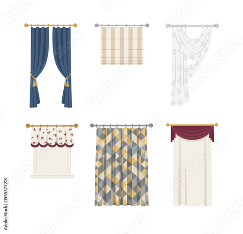 Diverse set of window treatments in different styles, patterns, and colors, representing options for interior decorating and textile design