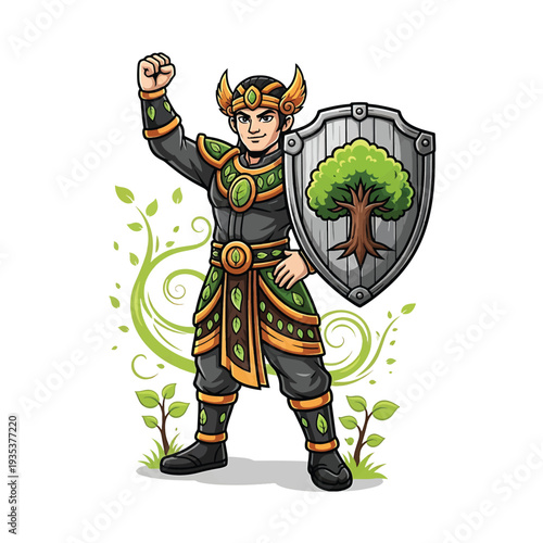 Heroic fantasy warrior with shield and tree emblem