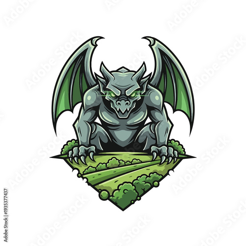 Dragon perched over green fields and hedges with wings spread