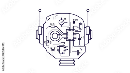 Robot Head Technical Blueprint Diagram Illustration.