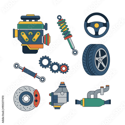 Set of automotive components showcasing the intricacies of car repairs, maintenance, and engineering details
