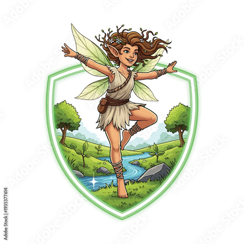 Fairy dancing on shield with forest landscape