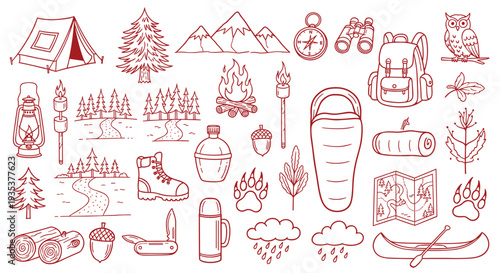 Collection of outdoor camping and hiking equipment and nature elements in a charming hand drawn outline style