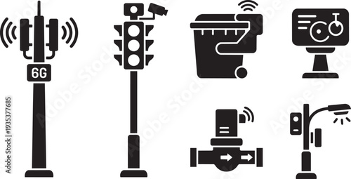 Smart City Infrastructure, Urban IoT and Intelligent Municipal Systems Heavy Blocky Silhouette Icon Set Vector Illustration