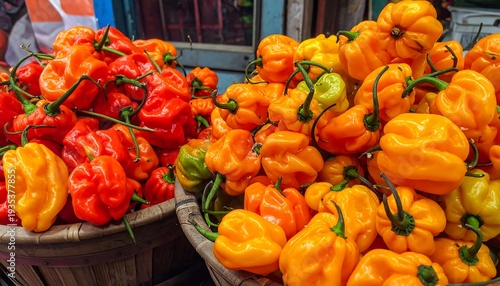 Heaps of vibrant red, orange, and yellow scotch bonnet peppers filling wicker baskets at a local market stall
