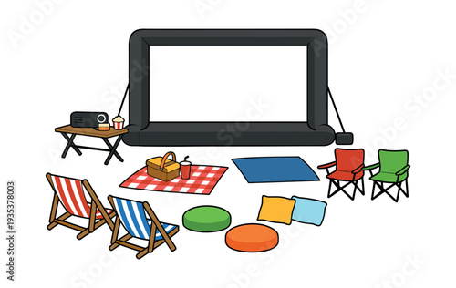 Backyard cinema setup for summer movie nights, featuring an inflatable screen, projector, picnic blanket, chairs, and snacks for family entertainment