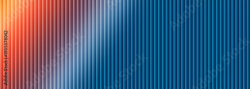 Abstract vertical blinds texture featuring a striking gradient transition from warm orange and red tones blending subtly into cool deep blue shades on white background