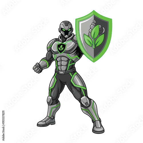 Armored superhero knight with shield and leaf crest