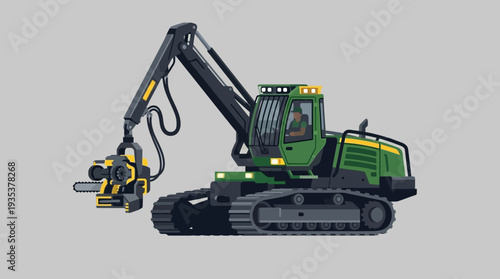 Forestry Harvester Machine with Chainsaw Attachment on Tracks, Green and Yellow