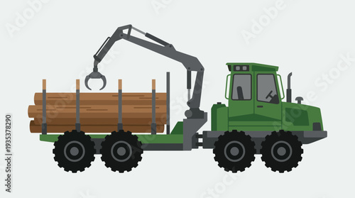 Forestry log loader truck with crane and logs