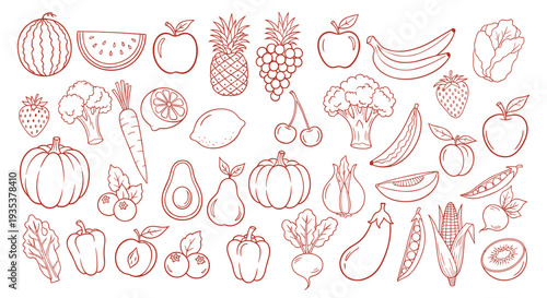 A charming collection of fresh fruits and vegetables illustrated in a delightful hand drawn sketch style perfect for healthy eating themes