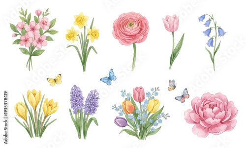 Watercolor spring flowers clipart set with bouquets and butterflies in pastel colors. Collection of Vector illustrations. Perfect for invitation, card, poster, banner, decoration