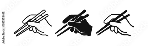 Hand Holding Chopsticks Icon Set. Outline, Glyph, and Doodle Style Illustrations of Asian Cuisine Utensil.