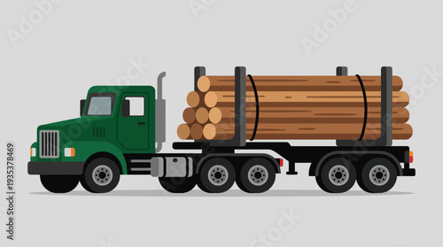 Green logging truck carrying stacked timber logs on a flatbed trailer