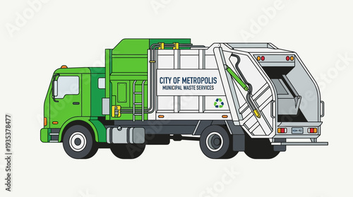 Green garbage truck with "City of Metropolis" text and recycling symbol