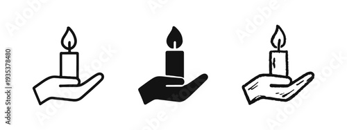 Hand Holding Candle Icon Set. Outline, Glyph, and Doodle Style Illustrations of Burning Wax Light.