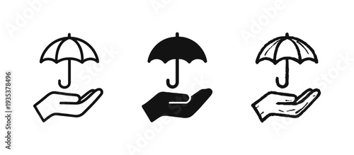 Hand holding umbrella icon set. Protection, insurance, safety, security, and care concept.