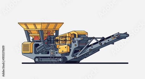 Industrial rock crusher machine, heavy equipment, construction, mining, illustration