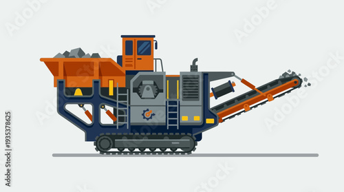 Industrial rock crushing machine with conveyor belt, side view illustration