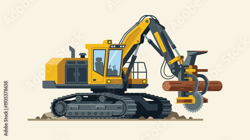 Logging Excavator with Log Grabber and Saw Attachment