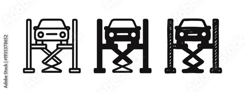 Car on Hydraulic Scissor Lift Icon Set for Auto Service and Vehicle Repair