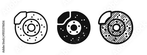 Car Brake Disc and Caliper Icon Set Representing Automotive Safety and Repair
