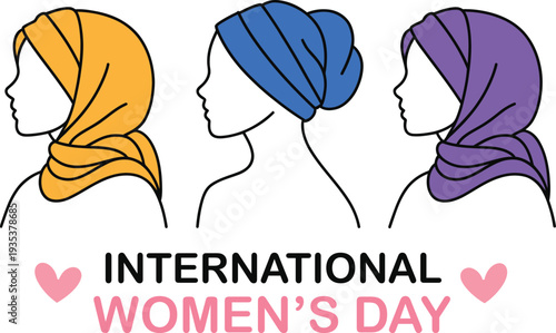 International Women's Day Vector Illustration with Diverse Women Profiles and Colorful Headscarves