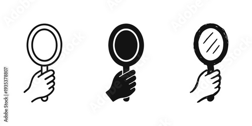 Hand holding hand mirror icon set. Reflection, beauty, and self-care vector symbol in multiple styles.