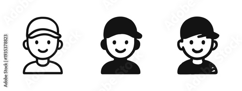 Male avatar with cap icon set. Boy, youth, and casual person vector symbol in various styles.