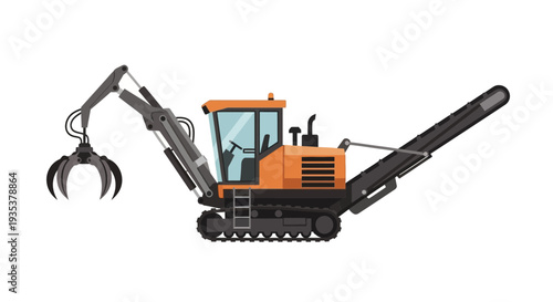 Orange logging grapple machine on white background