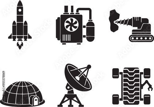 Space Colonization, Extra-Terrestrial Habitation and Off-World Resource Infrastructure Retro-Futurist Silhouette Icon Set Vector Illustration