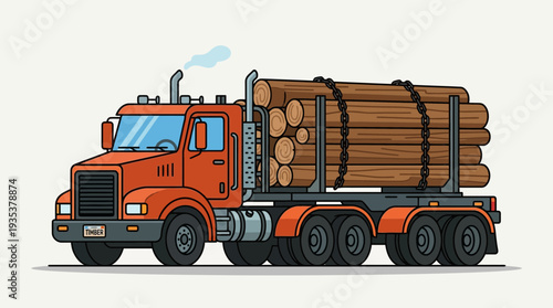 Orange logging truck carrying large timber logs, illustration