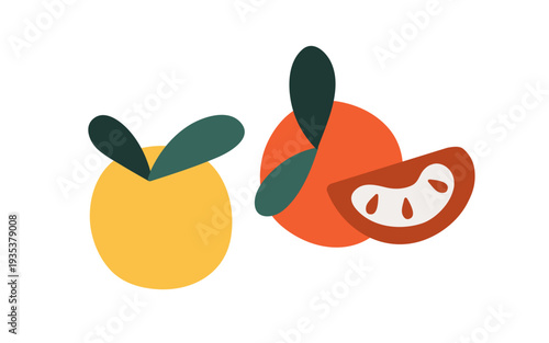 Fruits, healthy natural exotic food. Summer tropical vitamin snack. Citrus with leaf, whole and wedge piece, segment. Fresh organic nutrition. Flat vector illustration isolated on white background