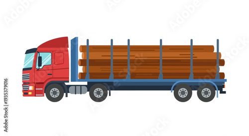 Red logging truck carrying timber logs on a white background