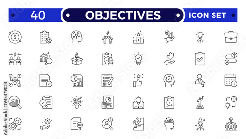 Objectives outline icon .Business core values, mission and vision line icon set. Corporate strategy, integrity, company culture, ethics, quality and success outline vector icons.