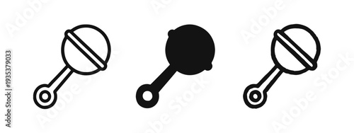 Baby rattle icon set. Newborn toy, childhood, or infancy symbol in outline, solid, and hand-drawn styles.