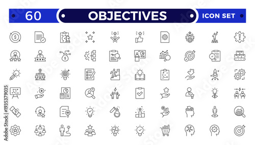 Objectives outline icon .Business core values, mission and vision line icon set. Corporate strategy, integrity, company culture, ethics, quality and success outline vector icons.