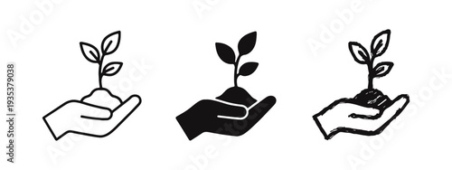 Hand holding growing plant icon set. Symbol of new life, nature protection, and environmental care in various styles.